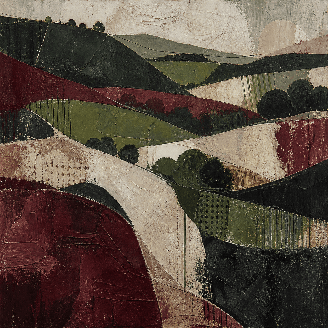 Abstract layered landscape in burgundy, green, cream and charcoal