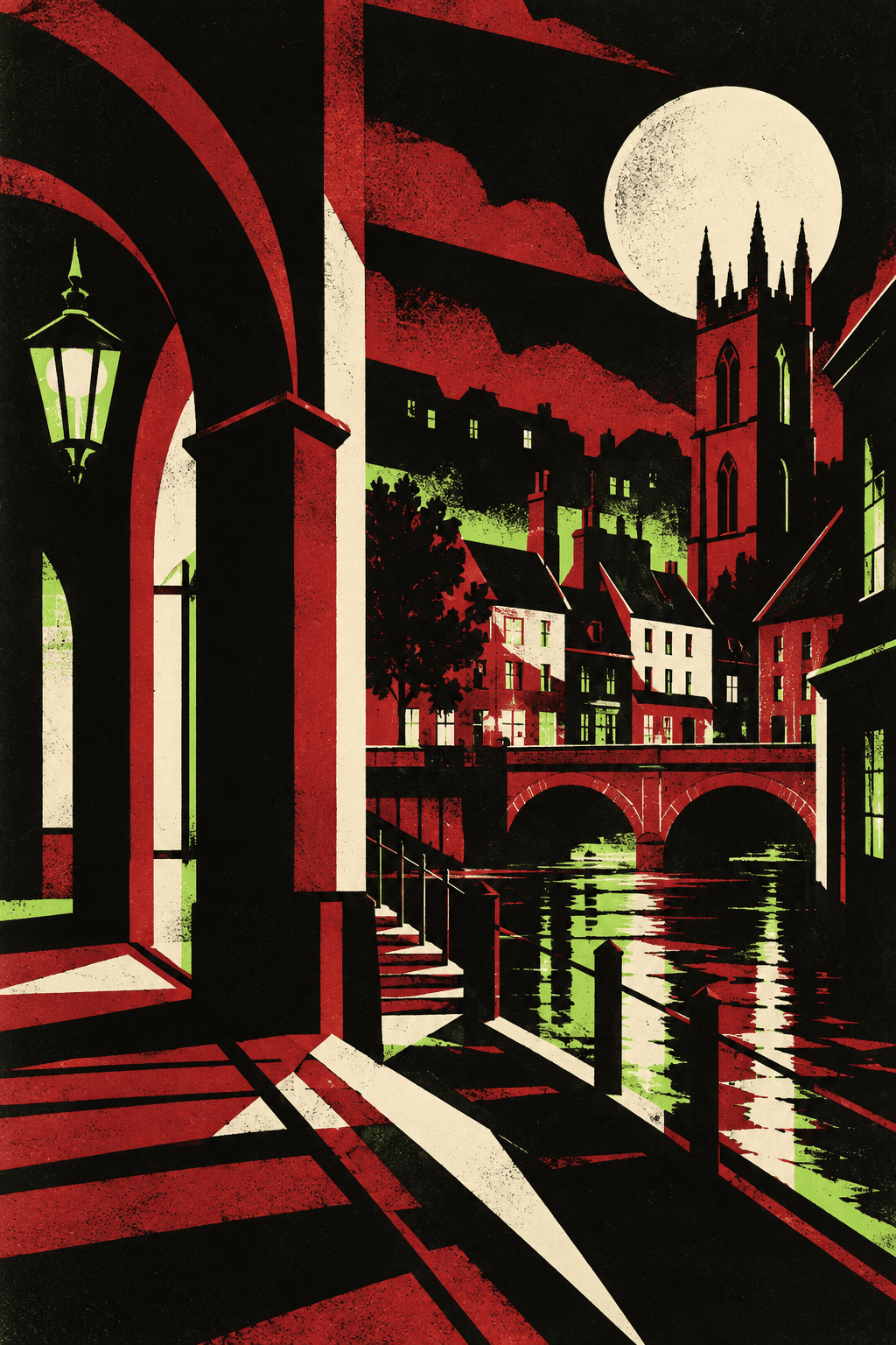 Graphic night scene of a market town in black, red and green