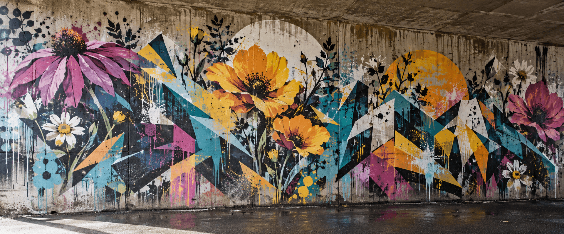 Colourful wildflower street-art mural across a concrete underpass