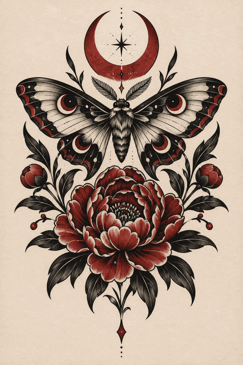 Tattoo-style moth, crescent moon and red peony illustration