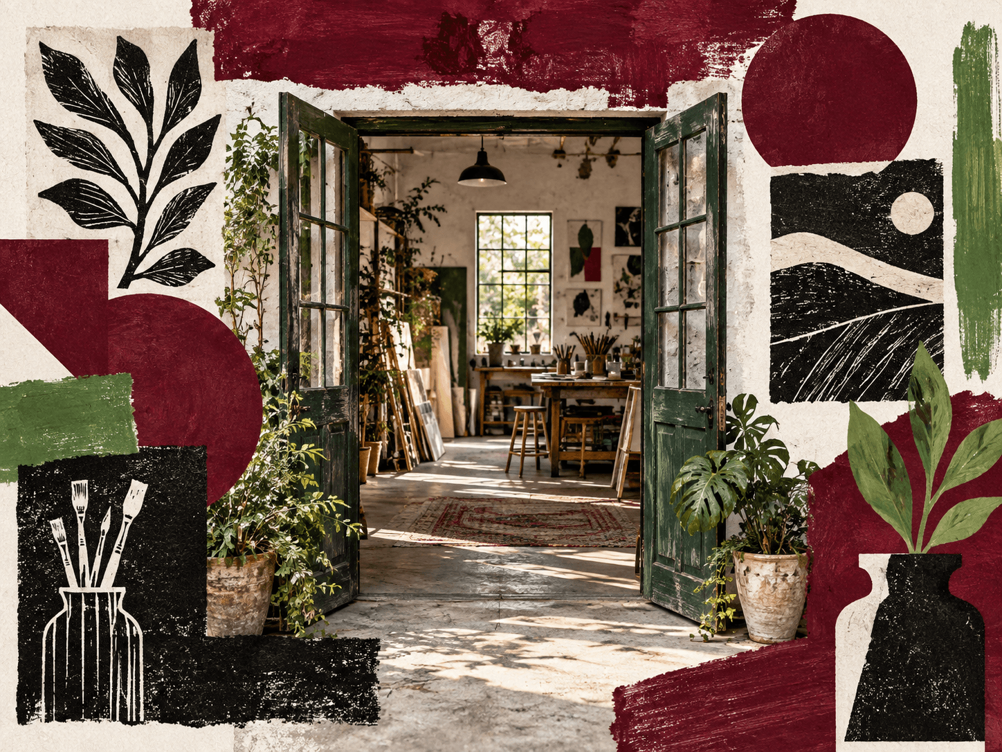Open studio doorway surrounded by burgundy, green and black print textures