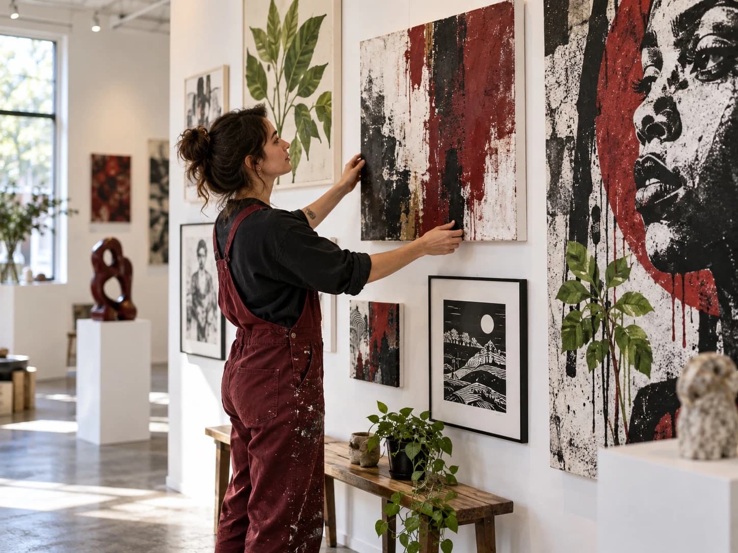 An artist in burgundy overalls hangs abstract red, black and white artwork in a bright gallery.