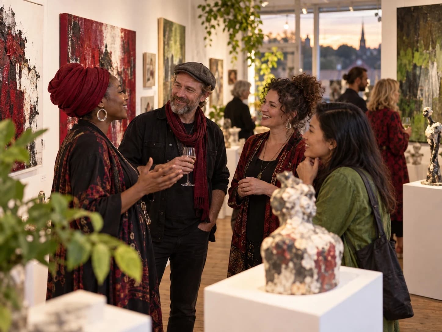 Four artists talk together among paintings and sculpture at a warmly lit gallery opening.