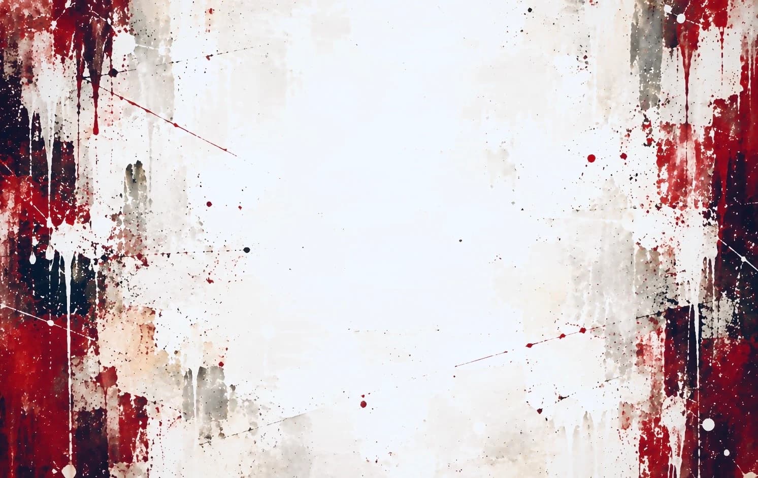 Pale abstract field framed by splashes and drips of deep red, black and warm grey.