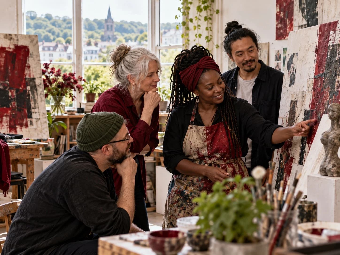 Four artists gather around a mixed-media painting in a bright working studio.