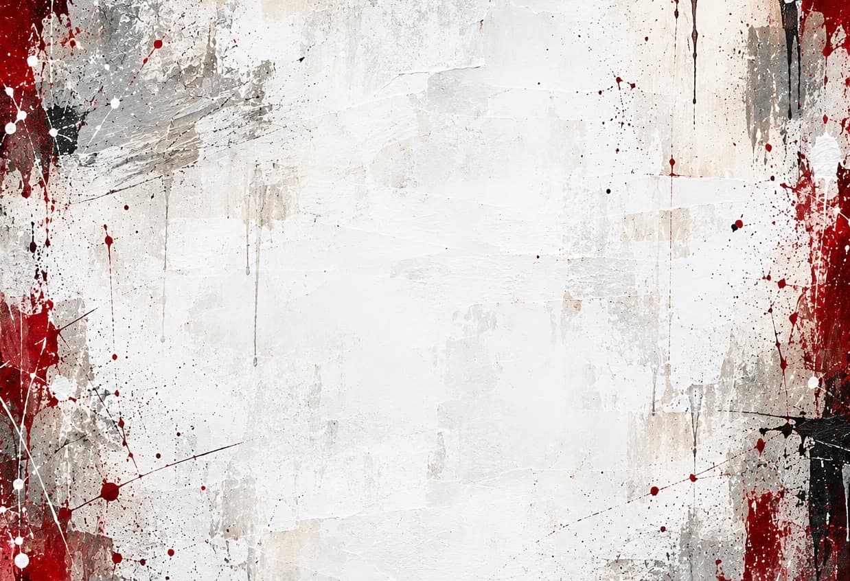 Abstract painting with a pale textured centre surrounded by energetic red, black and grey marks.